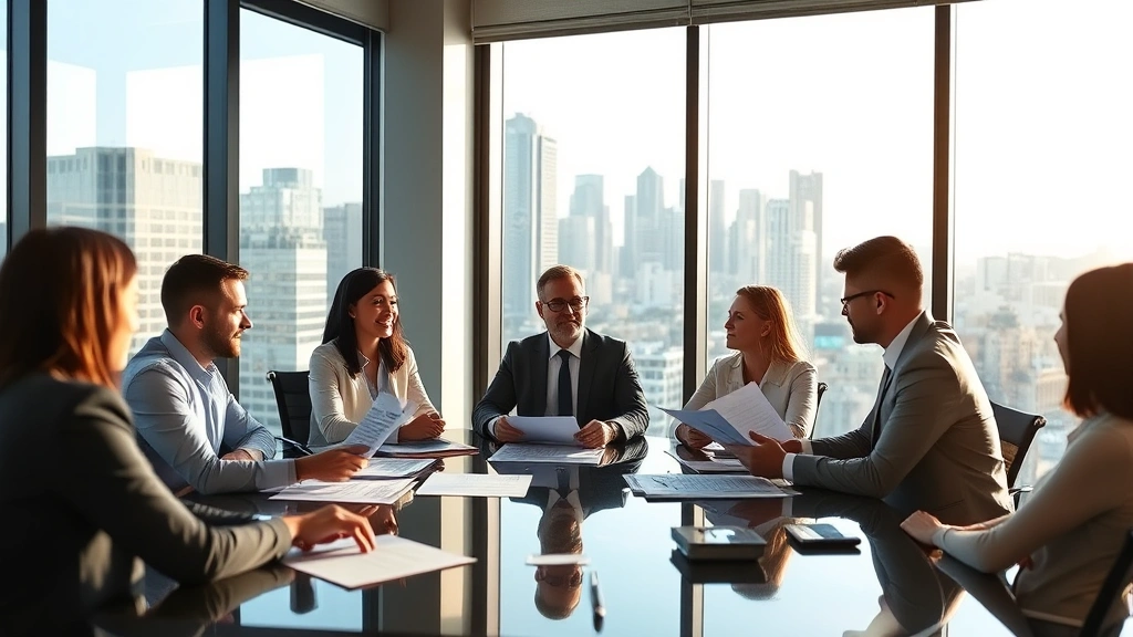 Professional business meeting with diverse professionals in modern conference room discussing strategy and contracts, Cedar Rapids downtown skyline visible through large windows, natural lighting, collaborative atmosphere