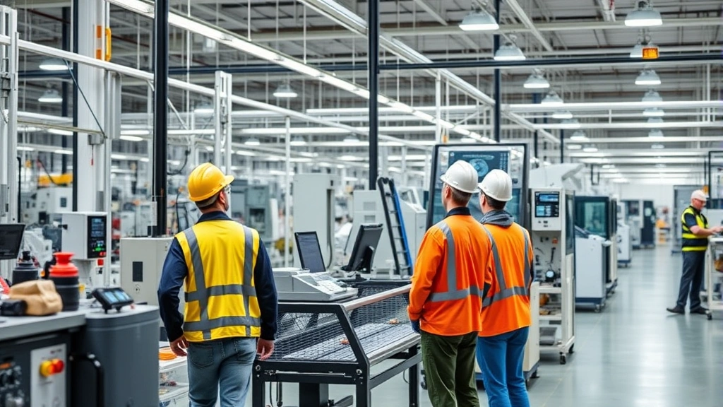Modern manufacturing facility with industrial equipment, workers in safety gear monitoring production line, clean organized workspace with advanced machinery, quality assurance processes visible
