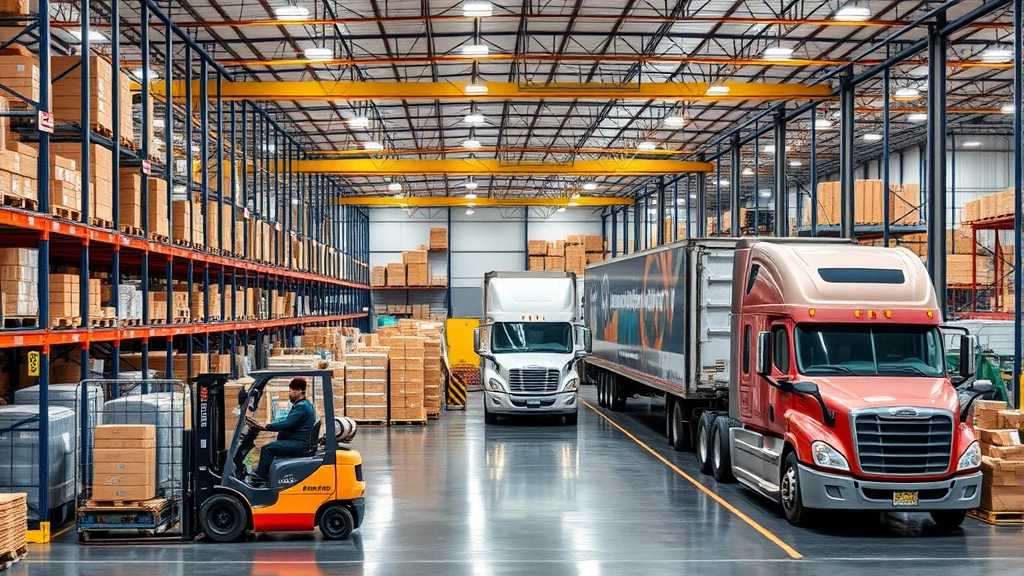 Logistics and distribution center with organized inventory, forklifts moving packages, semi-trucks being loaded, efficient warehouse operations demonstrating supply chain excellence