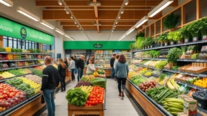 Professional grocery store interior with fresh produce displays, bright lighting, organized shelves, diverse customers shopping, natural wooden elements, modern clean design, high-quality fresh vegetables and fruits prominently displayed, customers selecting items