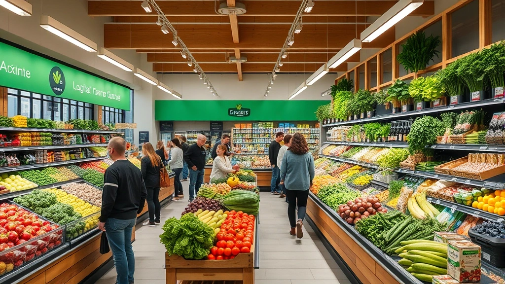 Professional grocery store interior with fresh produce displays, bright lighting, organized shelves, diverse customers shopping, natural wooden elements, modern clean design, high-quality fresh vegetables and fruits prominently displayed, customers selecting items