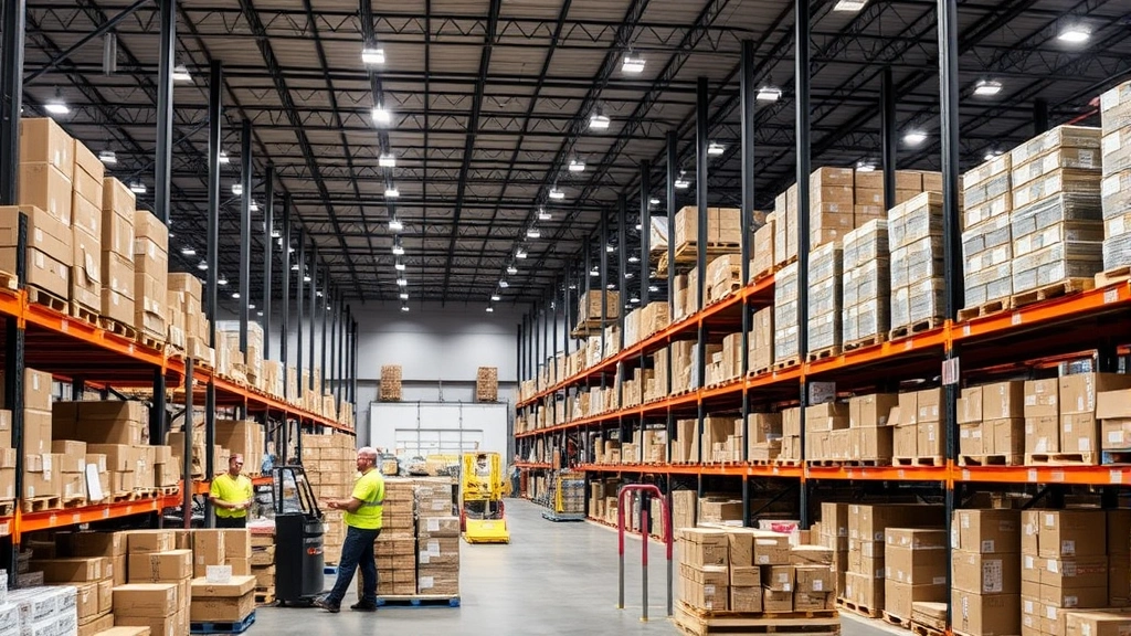Warehouse supply chain operation with organized inventory, workers managing stock, logistics equipment, boxes and products systematically arranged, modern storage facility, inventory management systems visible, professional warehouse environment