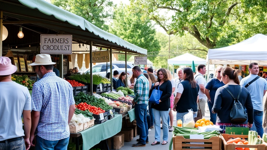 Community farmers market scene with local producers, fresh goods displays, customers browsing local products, outdoor market setting, community gathering atmosphere, signage indicating local sourcing, diverse people interacting at market stalls