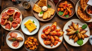 Overhead shot of Spanish tapas plates on rustic wooden table, featuring cured jamón, pan con tomate, patatas bravas, and fresh seafood, vibrant natural colors, restaurant dining ambiance