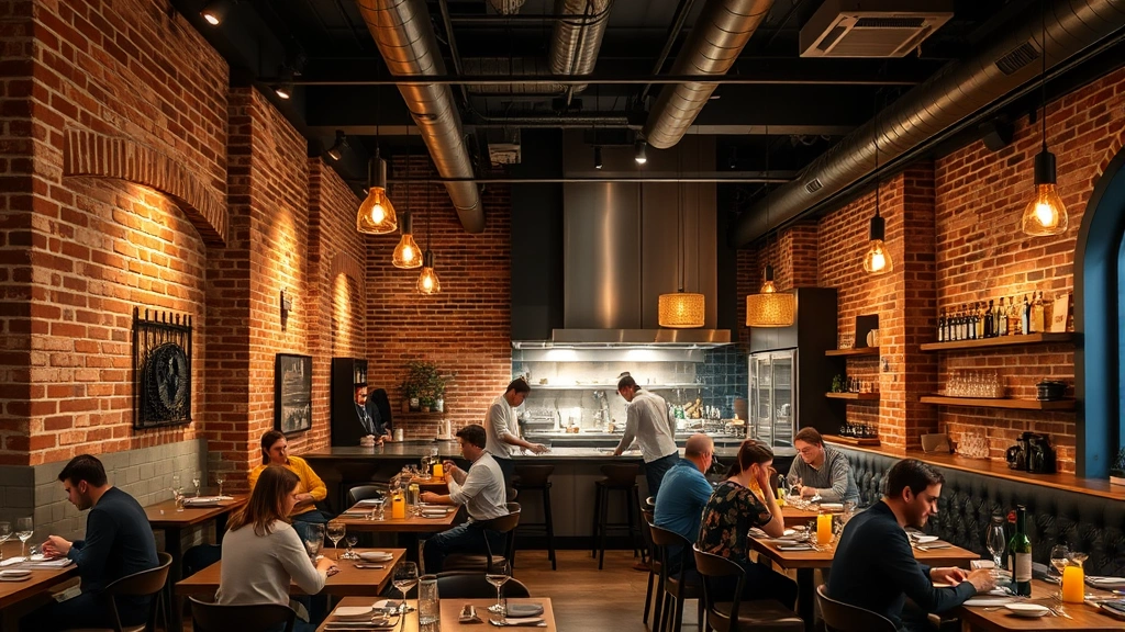 Interior photograph of modern Spanish restaurant with exposed brick walls, warm ambient lighting, open kitchen with professional chefs working, contemporary industrial design, diners at tables enjoying meals
