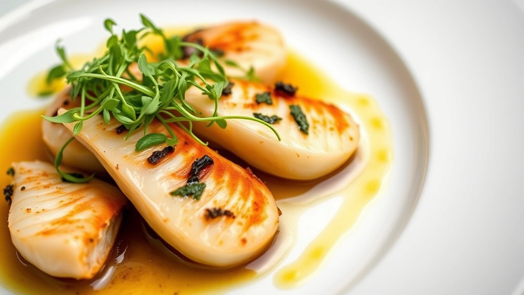 Close-up detail of carefully plated Spanish seafood dish with sherry sauce, microgreens, olive oil drizzle, white ceramic plate, professional culinary presentation, fine dining aesthetic