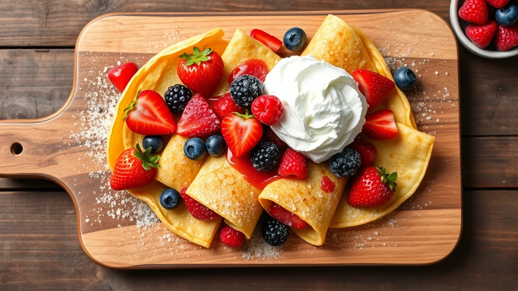 Professional overhead shot of artisanal crepes with fresh berries and whipped cream, vibrant colors, rustic wooden serving board, specialty food photography style