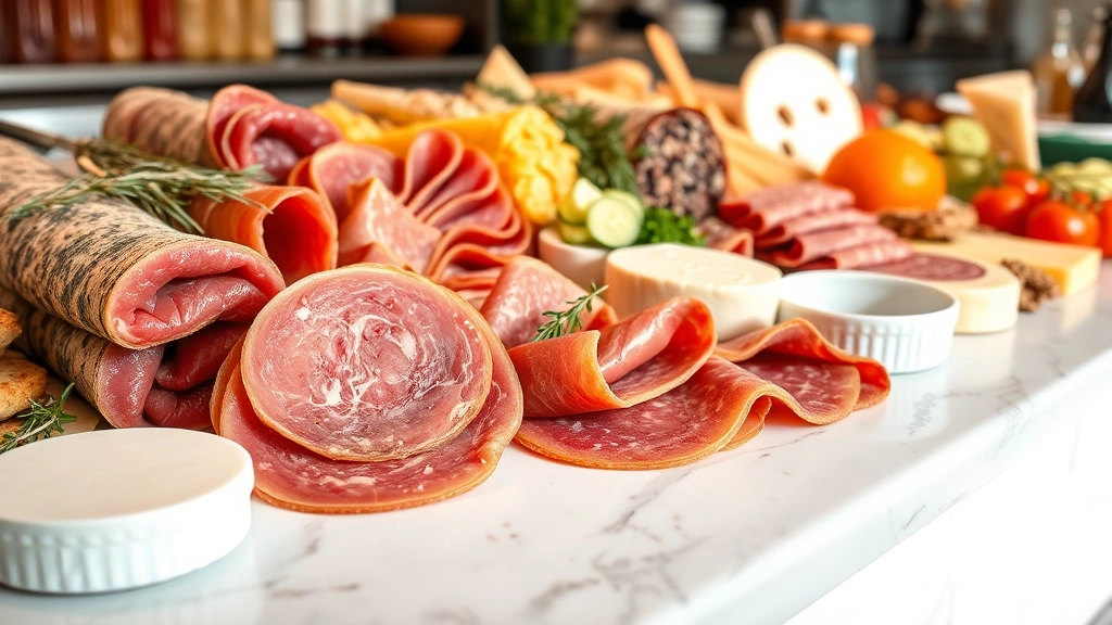 Close-up of Italian cured meats and imported cheeses arranged on white marble counter, professional deli display, natural lighting highlighting product quality