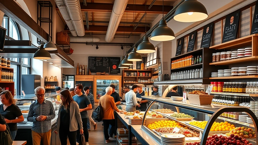 Bustling specialty food retail interior with open kitchen, customers at counter, European-inspired design elements, warm ambient lighting, neighborhood gathering space atmosphere