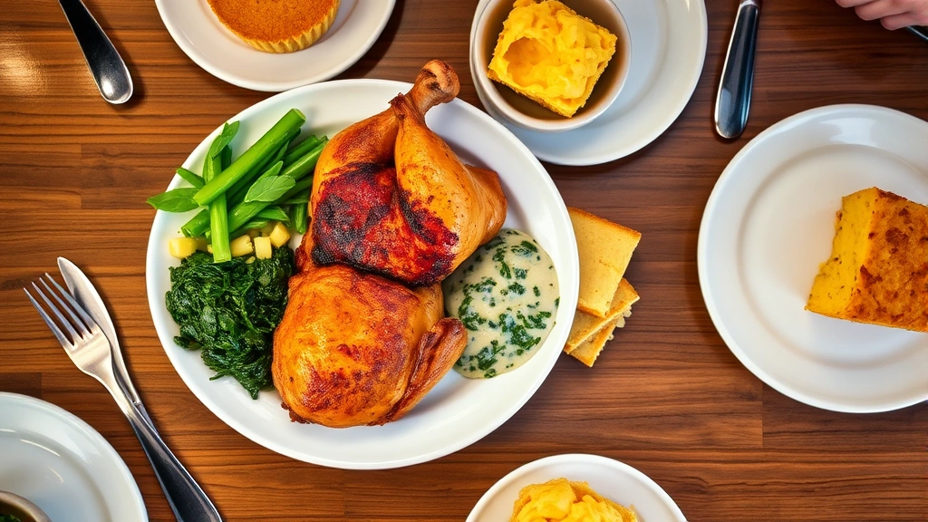 Professional overhead shot of Boston Market rotisserie chicken quarter plate with creamed spinach, mac and cheese, and cornbread on white ceramic dinnerware, warm restaurant lighting, food photography