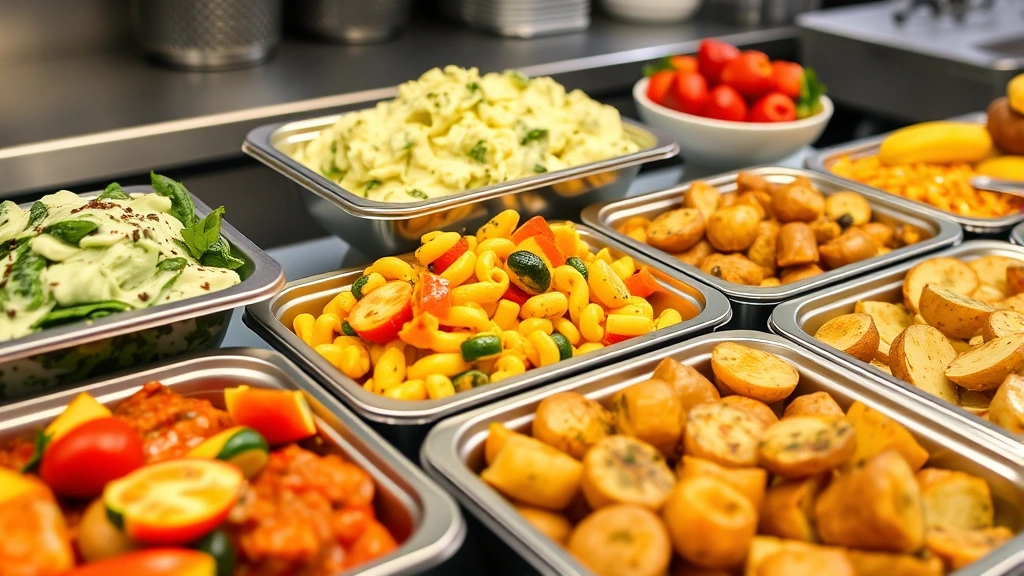 Vibrant display of Boston Market side dishes in commercial serving containers: creamed spinach, mashed potatoes, mac and cheese, Mediterranean vegetables, herb-roasted potatoes, fresh fruit, professional kitchen background