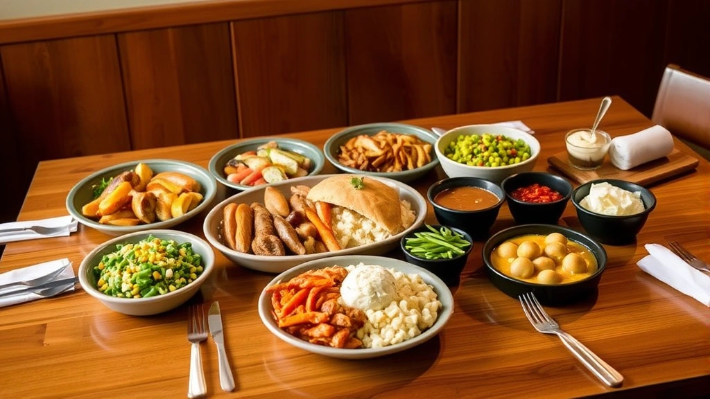 Family meal bundle presentation showing multiple Boston Market entrées, sides, and desserts arranged on wooden table with napkins and utensils, warm ambient lighting, casual dining setup