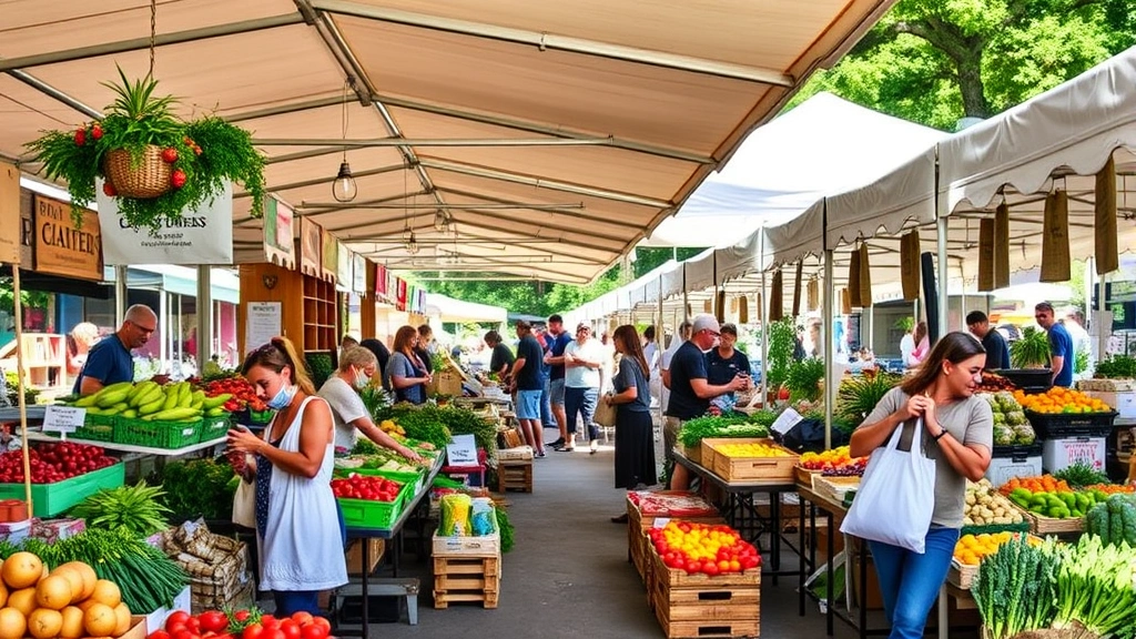Vibrant outdoor farmers market with diverse vendors selling fresh produce, colorful vegetables, and local goods under white canopies, customers shopping with reusable bags, natural daylight, community atmosphere, no signage text visible