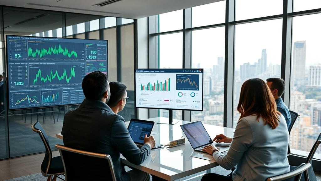 Professional business meeting in modern São Paulo office with diverse Brazilian professionals analyzing market data on large displays, contemporary workspace with city skyline visible through windows, natural lighting, confident body language, data visualization on screens