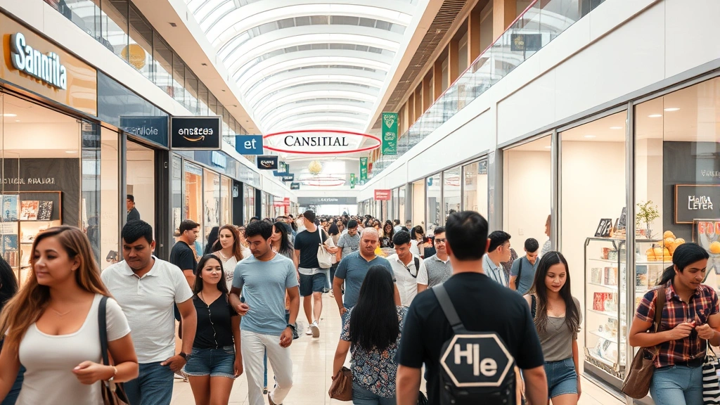 Bustling Brazilian shopping mall interior with diverse customers browsing stores, modern retail environment with contemporary design, multiple shoppers of different ages and backgrounds, bright lighting, commercial activity, product displays visible