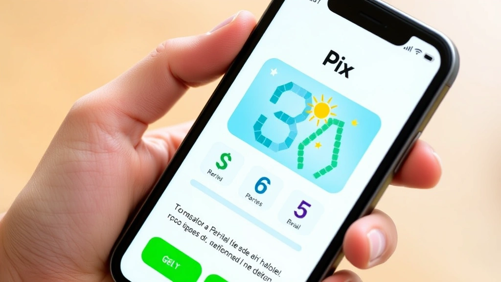 Mobile payment transaction on smartphone screen showing Pix or digital wallet interface with Brazilian real currency symbols, hand holding device, close-up of app interface, modern fintech aesthetic, clean digital design, no text visible on screen