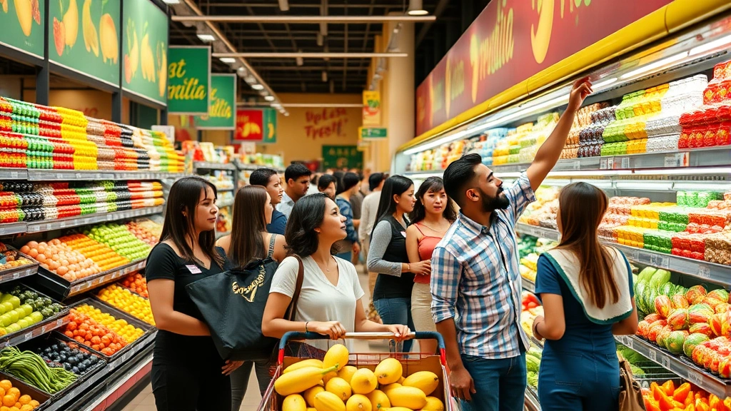 Diverse customers shopping in a vibrant Brazilian supermarket with colorful produce displays, tropical fruits arranged in neat sections, and staff members wearing name tags assisting shoppers reaching for products on shelves
