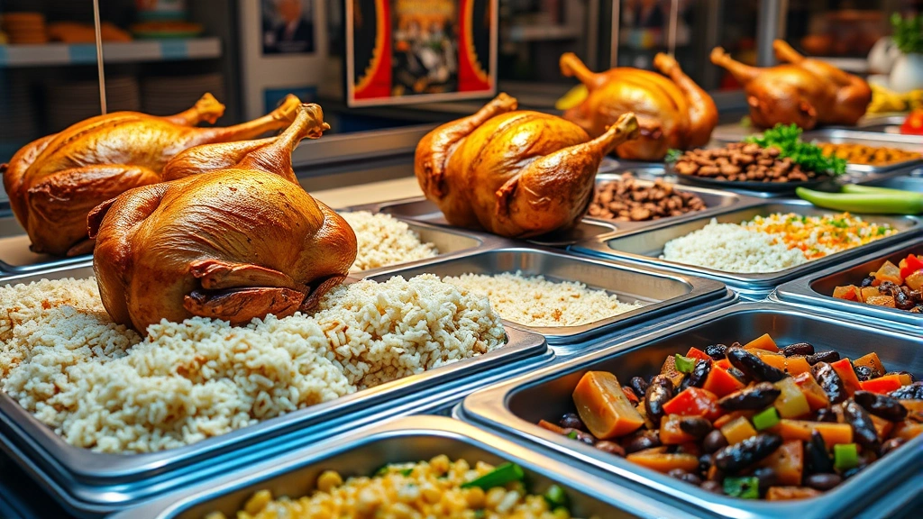 Close-up of a Brazilian market's prepared food counter featuring fresh rotisserie chicken, rice and bean combinations, and prepared salads in stainless steel serving trays with professional lighting highlighting food quality
