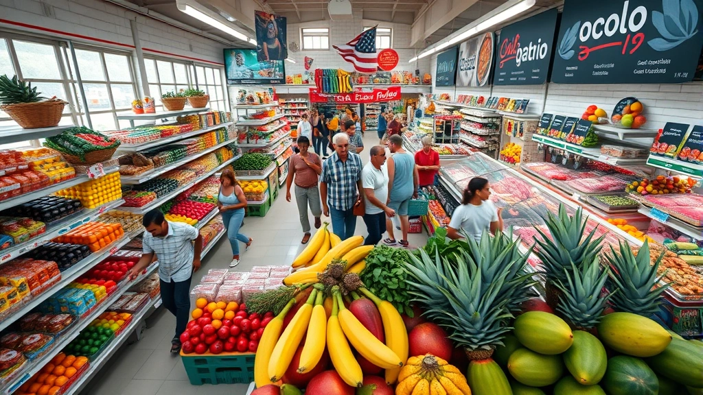 Wide overhead view of a busy Brazilian market interior showing multiple shoppers navigating aisles, vibrant product packaging on shelves, tropical fruit displays in foreground, and butcher counter in background with natural lighting