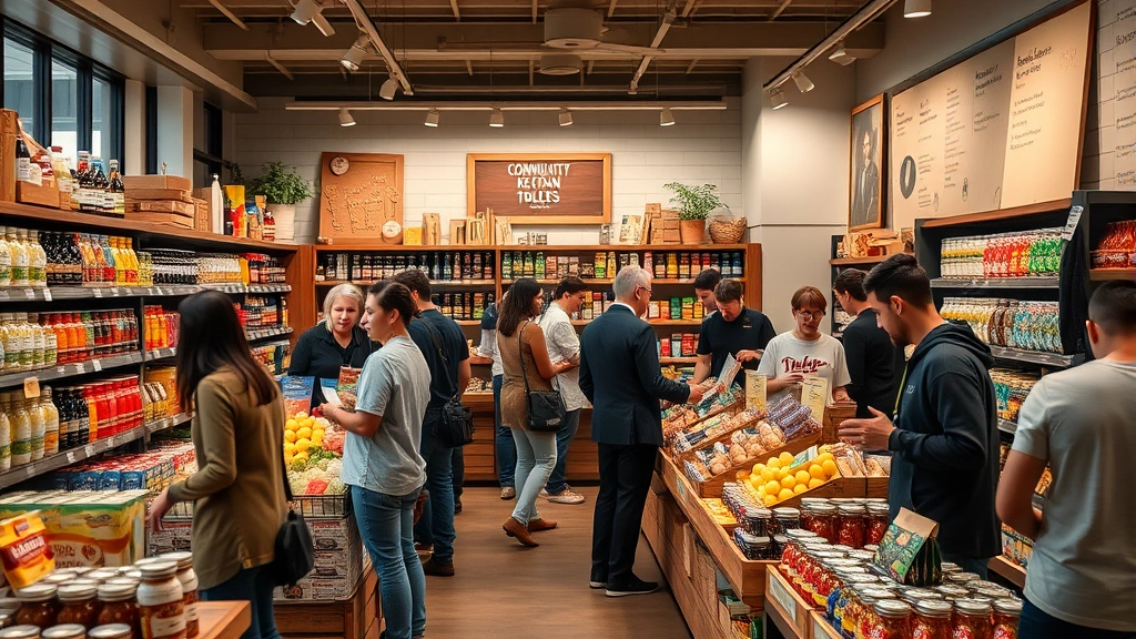 Professional grocery store interior with local artisan products displayed, diverse customers browsing shelves, warm lighting highlighting specialty food items and community bulletin board, no text visible