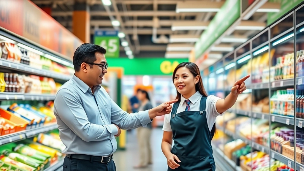Retail manager training employee on customer service techniques in modern grocery setting, both wearing store uniforms, pointing at product displays, genuine interaction captured, bright professional environment