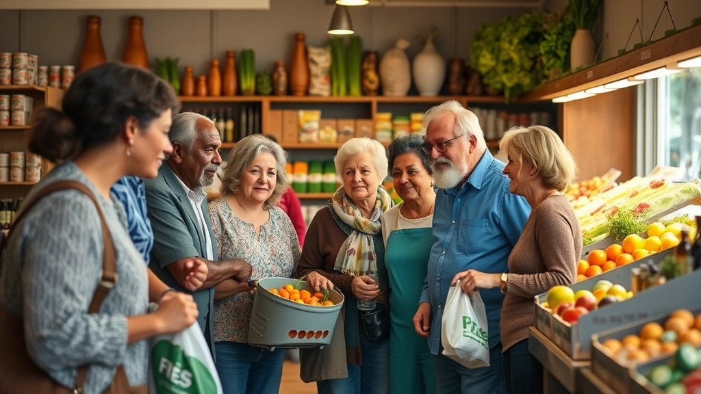 Diverse group of community members shopping together at neighborhood grocery store, multiple generations interacting, fresh produce and specialty items visible in background, natural warm lighting emphasizing community atmosphere