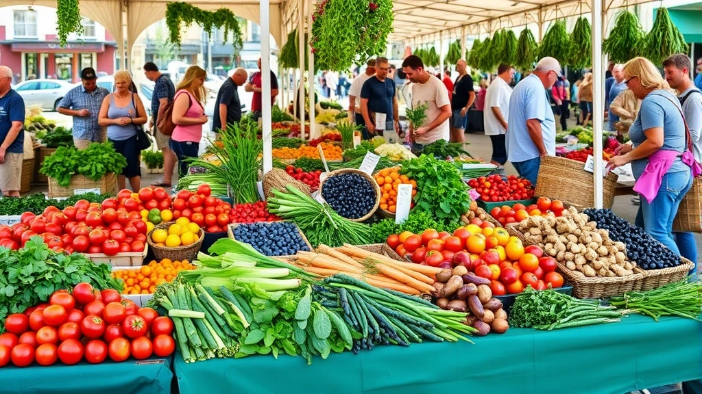 Vibrant farmer's market scene with vendors arranging fresh colorful produce including tomatoes, leafy greens, berries, and root vegetables at wooden display stands, customers browsing, natural daylight, community atmosphere