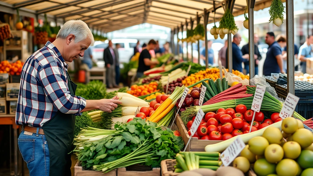 Farmers market vendor carefully arranging fresh seasonal vegetables and produce at wooden display stand with price signs, customers selecting items in background, natural lighting through market canopy