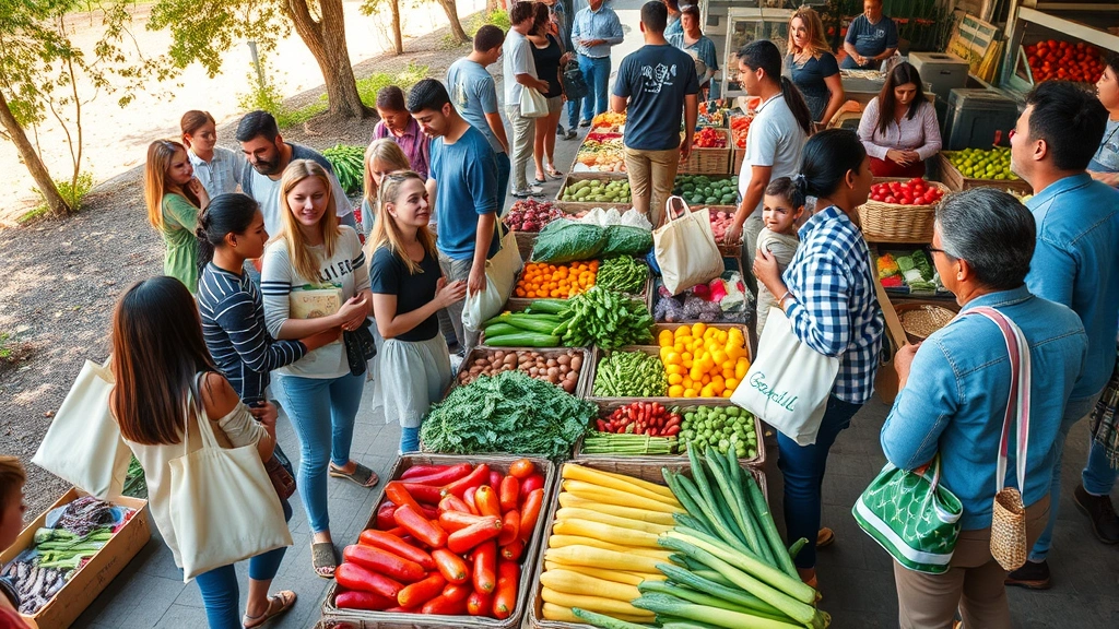 Aerial view of diverse shoppers with reusable bags and baskets selecting fresh produce at outdoor community market, colorful seasonal vegetables displayed, natural setting with trees and natural light