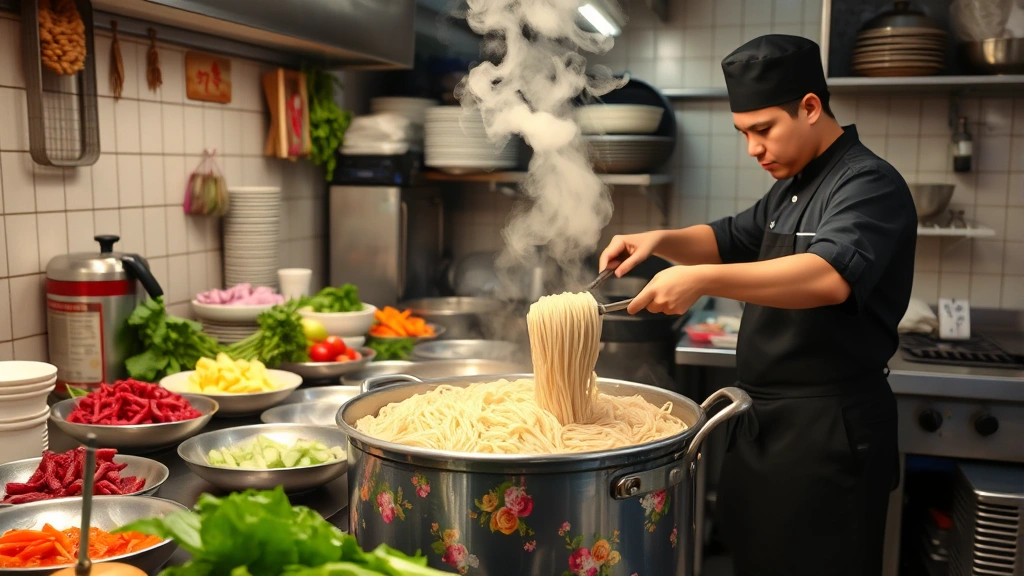 Vietnamese restaurant kitchen with chef preparing fresh bun mee noodles in large industrial pot, steam rising, colorful fresh herbs and vegetables visible on counter, authentic Asian culinary setting