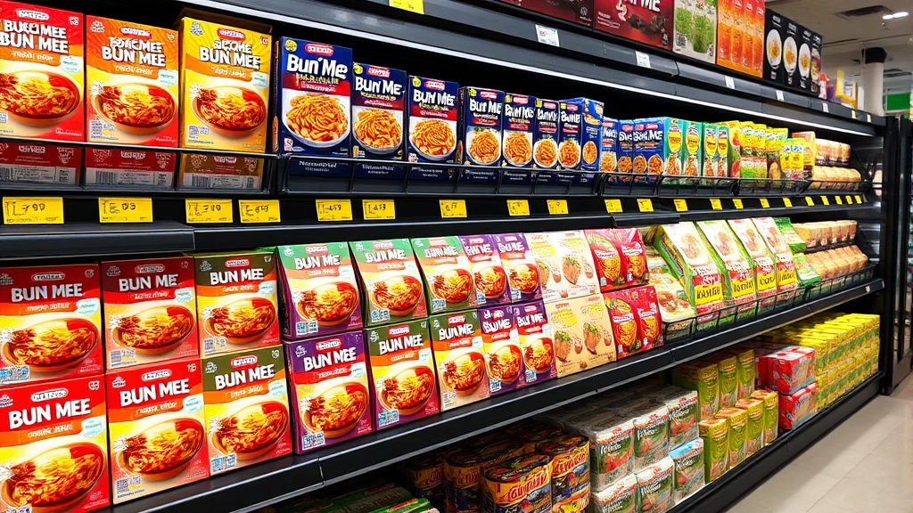 Modern convenience store shelf displaying diverse packaged bun mee products in colorful boxes and bowls, organized retail display with multiple brands and formats, bright professional lighting