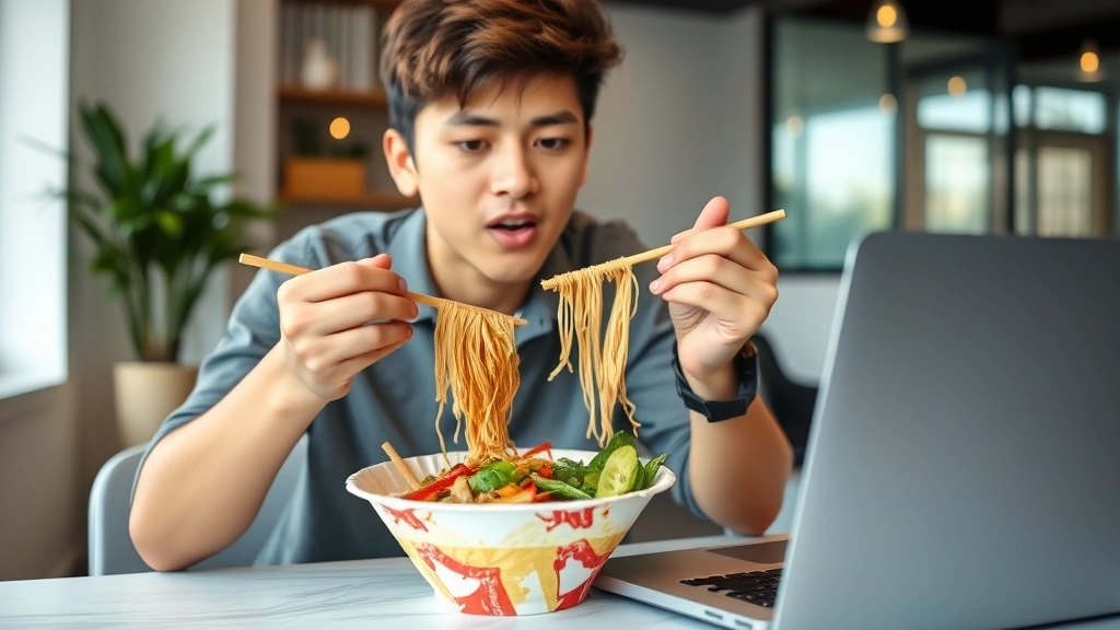 Young professional eating bun mee from disposable bowl at modern workspace, laptop visible, healthy meal presentation with fresh vegetables and broth, contemporary office environment