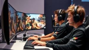 Professional esports team members in modern gaming setup, multiple monitors displaying extraction shooter gameplay, tactical headsets, focused expressions, clean minimalist gaming desk environment, professional lighting, no logos or text visible