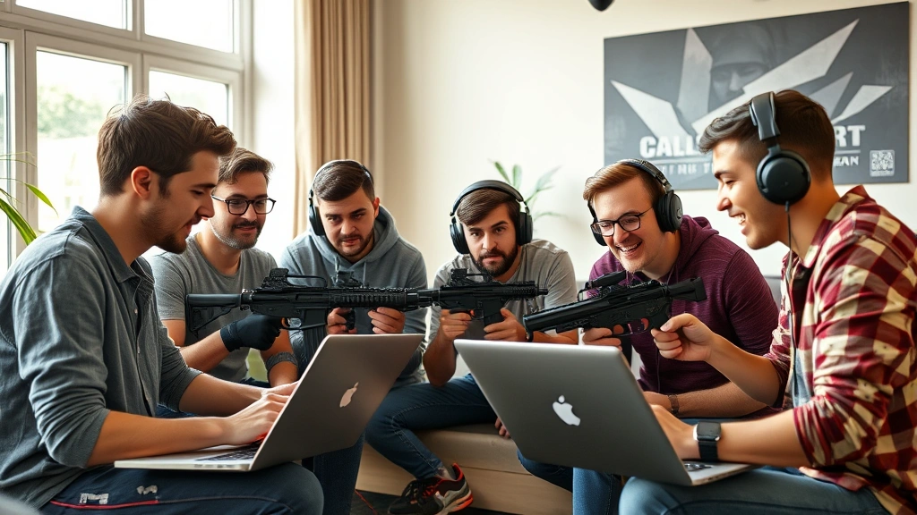 Diverse group of gamers in casual setting collaborating on tactical shooter strategy, laptops and gaming peripherals visible, natural window lighting, engaged discussion body language, modern apartment gaming space, no identifiable text or signage
