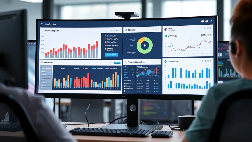 Live service game development dashboard visualization, analytics charts and player engagement metrics displayed on professional monitor, developer workspace with multiple screens, modern office environment, abstract data visualization elements, clean professional aesthetic