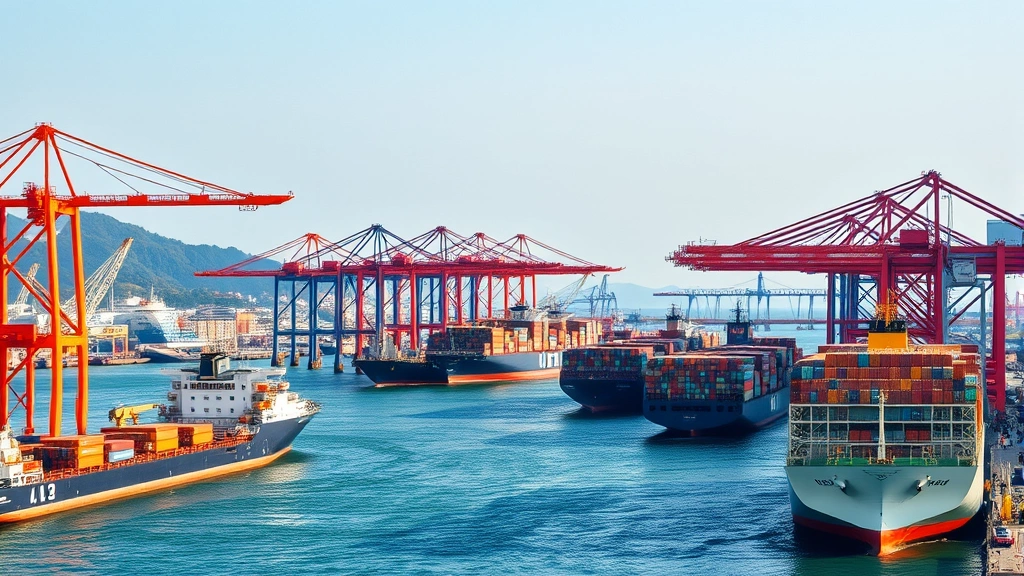 Bustling Busan port with container ships and cranes during daytime, showing modern logistics infrastructure and commercial activity