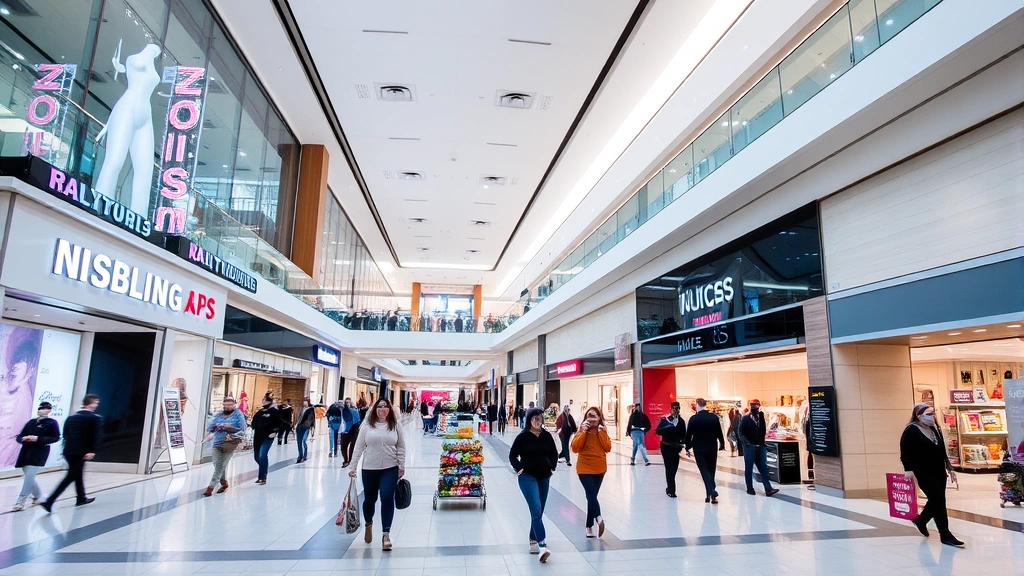 Modern shopping mall interior with multiple retail stores, customers shopping, bright lighting, contemporary architecture, busy commercial space