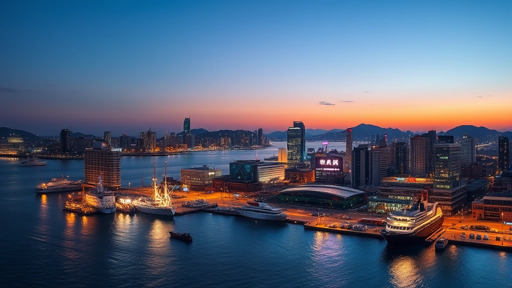 Busan harbor skyline at dusk with city lights reflecting on water, modern buildings and port facilities visible, vibrant urban commerce atmosphere