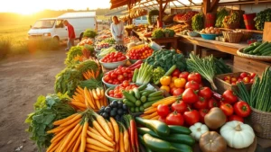 Overhead view of colorful fresh vegetables and produce arranged on rustic wooden farm market display tables with farmers in background during golden hour sunlight, natural farm market setting