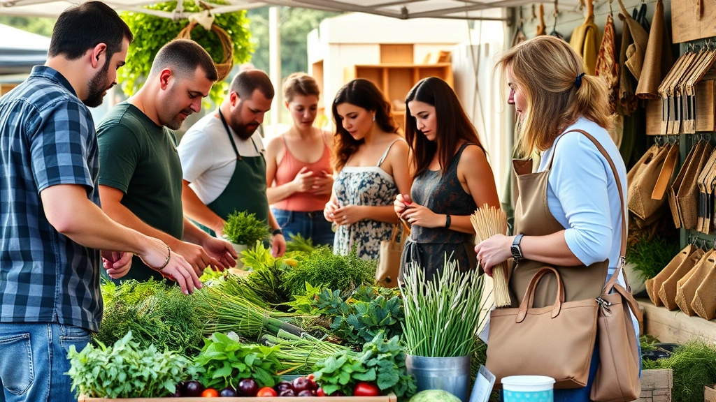 Diverse customers browsing fresh herbs, vegetables, and local artisan products at outdoor farm market booth, genuine community shopping experience, natural lighting