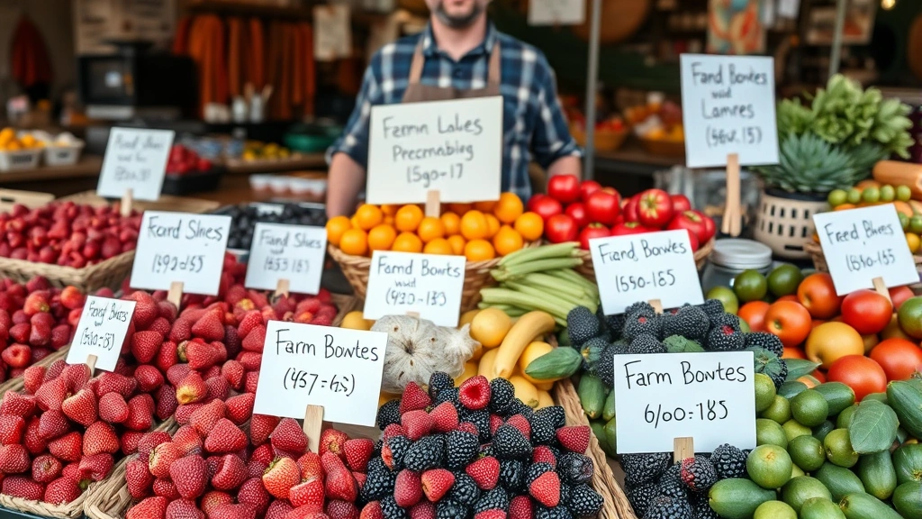Farm market vendor arranging fresh berries and seasonal produce in attractive display with handwritten price signs, authentic local agricultural retail environment