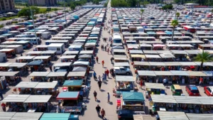 Overhead view of bustling outdoor flea market with hundreds of vendor booths arranged in rows, shoppers walking between stalls, mix of merchandise visible, bright daylight, South Florida landscape