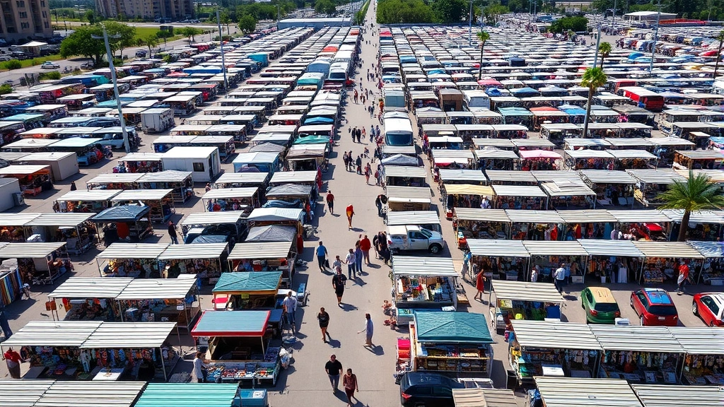 Overhead view of bustling outdoor flea market with hundreds of vendor booths arranged in rows, shoppers walking between stalls, mix of merchandise visible, bright daylight, South Florida landscape