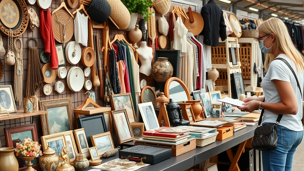 Close-up of diverse merchandise displayed on vendor table including vintage items, clothing, collectibles, electronics, and home goods arranged professionally, natural lighting, shopper examining items