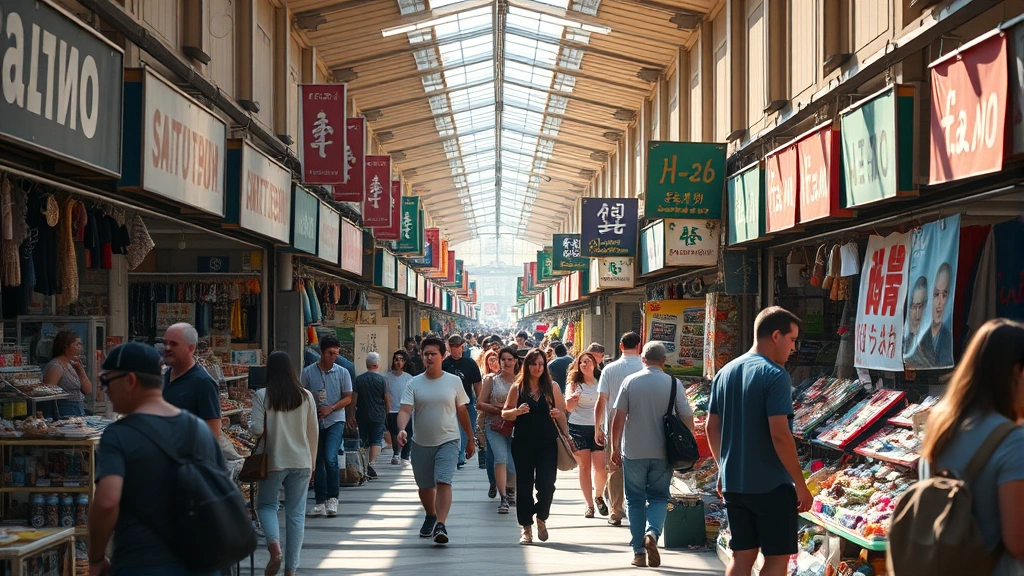 Wide angle of crowded flea market pathway with shoppers browsing multiple vendor stalls, various product categories visible, casual retail atmosphere, morning sunlight, diverse crowd of shoppers