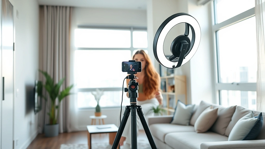 Professional Canadian female influencer recording TikTok content in modern apartment with ring light and smartphone on tripod, natural daylight streaming through windows, casual athleisure wear