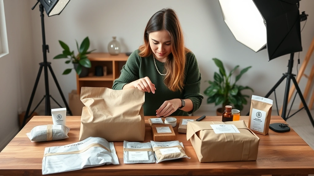 Canadian e-commerce entrepreneur packaging products for influencer collaboration, sustainable packaging materials on wooden table, neutral studio lighting, professional product photography setup visible