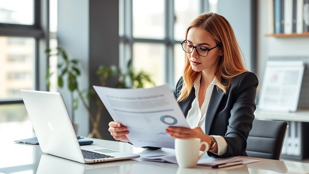 Professional woman in business attire reviewing marketing strategy documents at modern office desk with laptop and coffee cup, focused concentration, natural daylight from windows