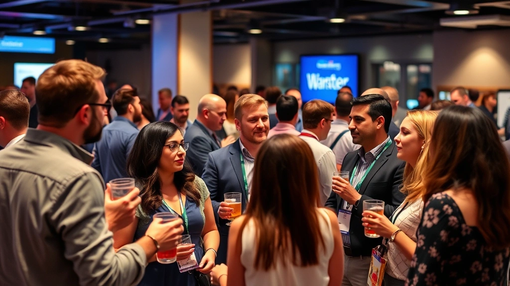 Diverse group of marketing professionals networking at industry conference, holding drinks and engaged in conversation, modern event space, collaborative atmosphere