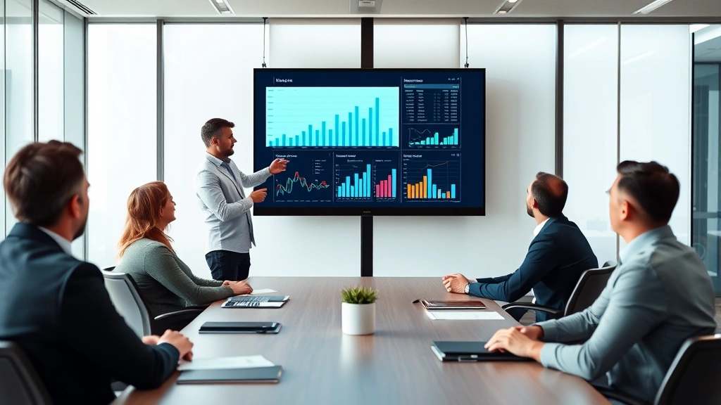 Male marketing director presenting data analytics dashboard on large screen to team in modern boardroom, professional business casual clothing, data-driven decision making context